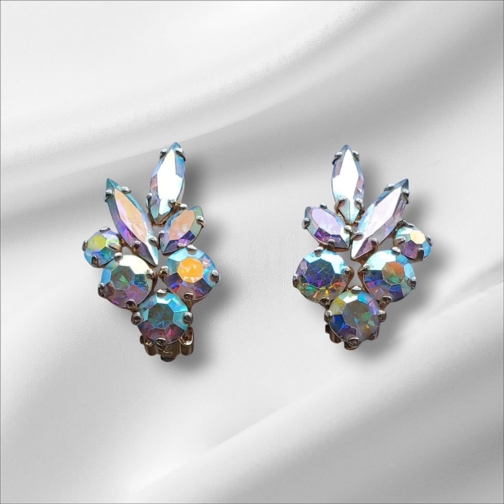 Sherman 1960s Signed Aurora Borealis Swarovski Crystal Clip On  Earrings
